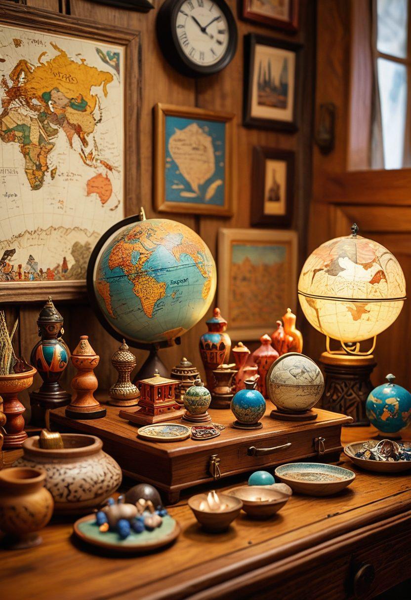A beautifully arranged display of diverse unique souvenir gifts, showcasing vibrant artisan crafts from various cultures. Include a mix of colorful handmade jewelry, intricate pottery, and charming travel keepsakes like postcards and miniature landmarks, all set against a rustic wooden table. Soft, warm lighting highlights the textures and details of each item, evoking a sense of wanderlust and creativity. The background should feature subtle travel-themed decor, like vintage maps and globes. super-realistic. vibrant colors.